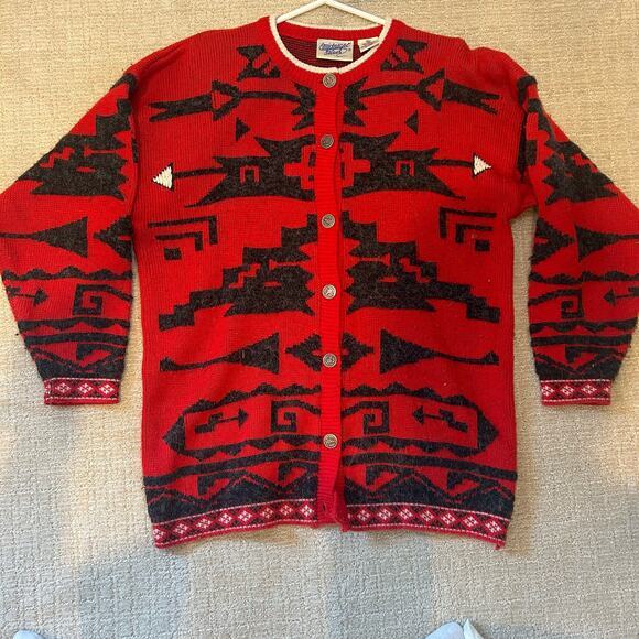 Vtg Midnight Blues Cardigan Sweater Aztec Tribal Sz Medium‎ Red Gray Southwest - Picture 6 of 8